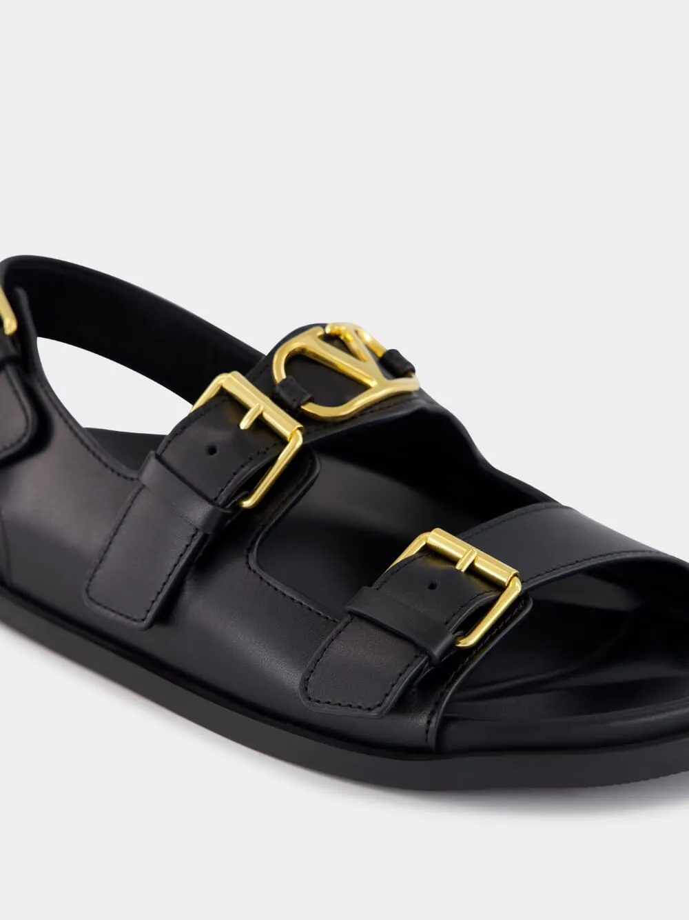 Black Flat Leather Sandals with VLogo Buckles