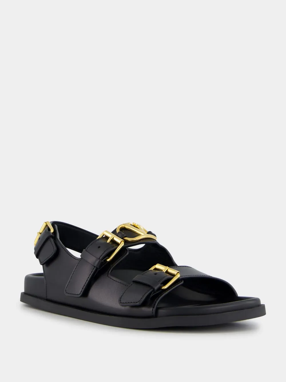 Black Flat Leather Sandals with VLogo Buckles