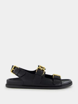 Black Flat Leather Sandals with VLogo Buckles
