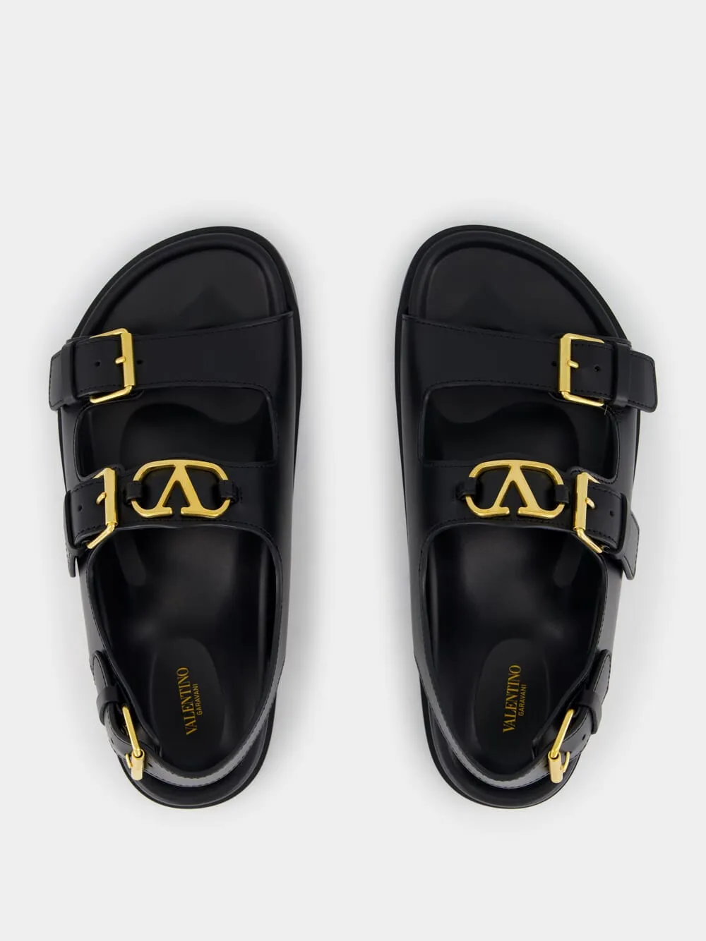 Black Flat Leather Sandals with VLogo Buckles