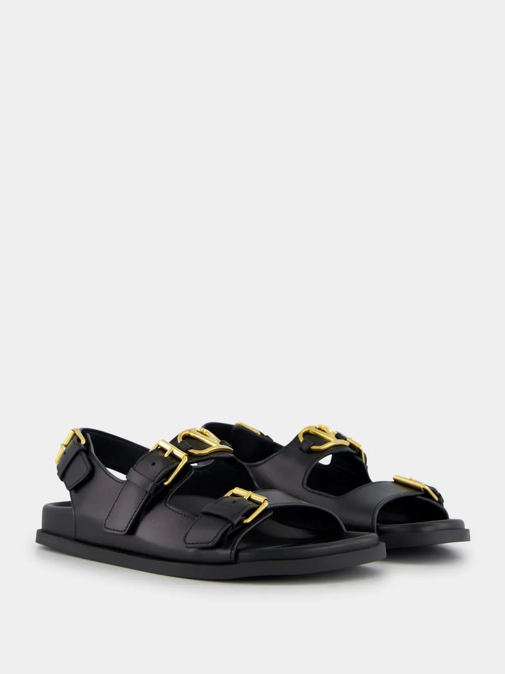 Black Flat Leather Sandals with VLogo Buckles