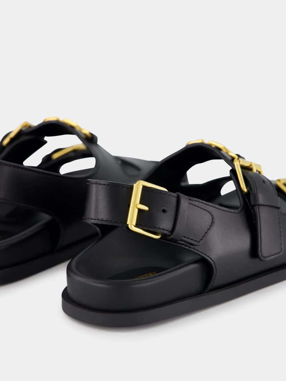 Black Flat Leather Sandals with VLogo Buckles