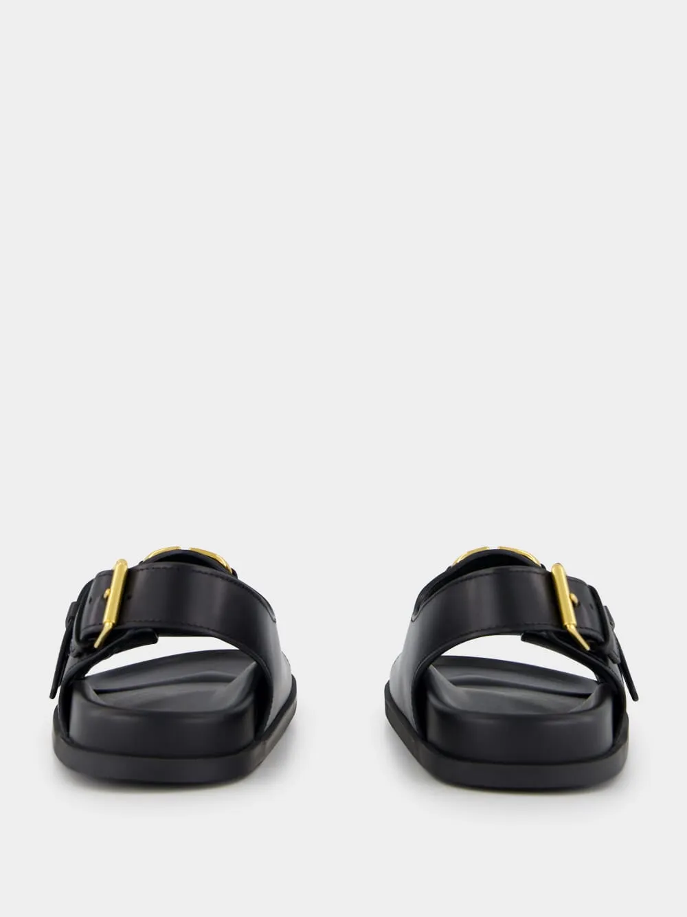 Black Flat Leather Sandals with VLogo Buckles