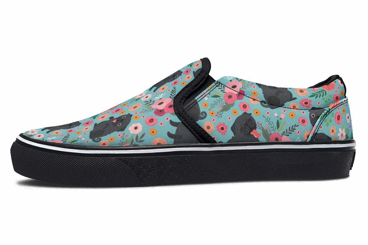 Black Pug Flower Slip-On Shoes