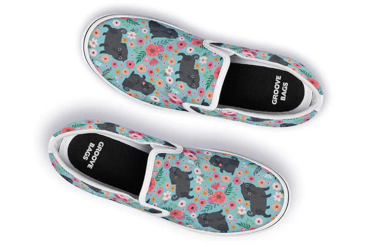 Black Pug Flower Slip-On Shoes