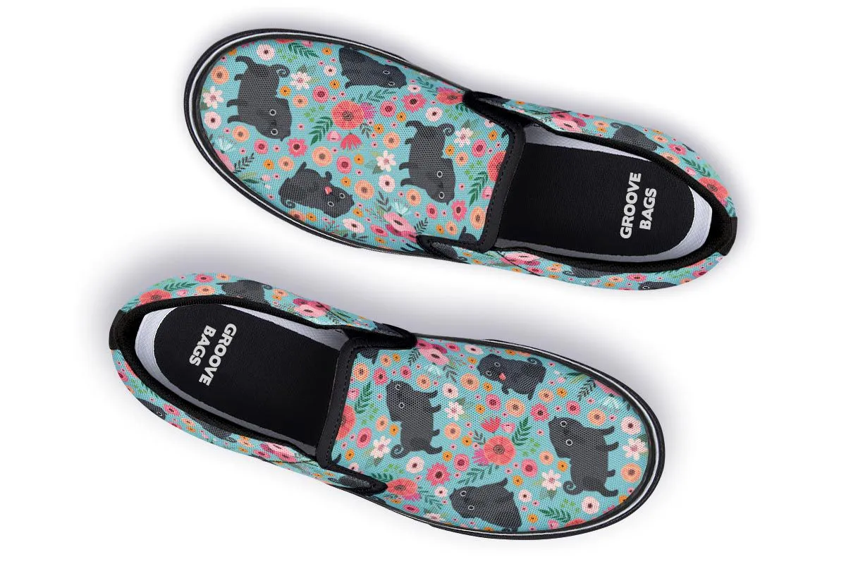 Black Pug Flower Slip-On Shoes