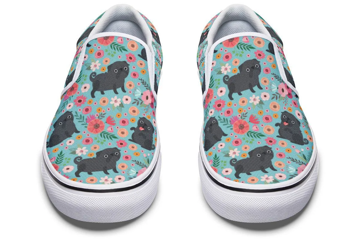 Black Pug Flower Slip-On Shoes