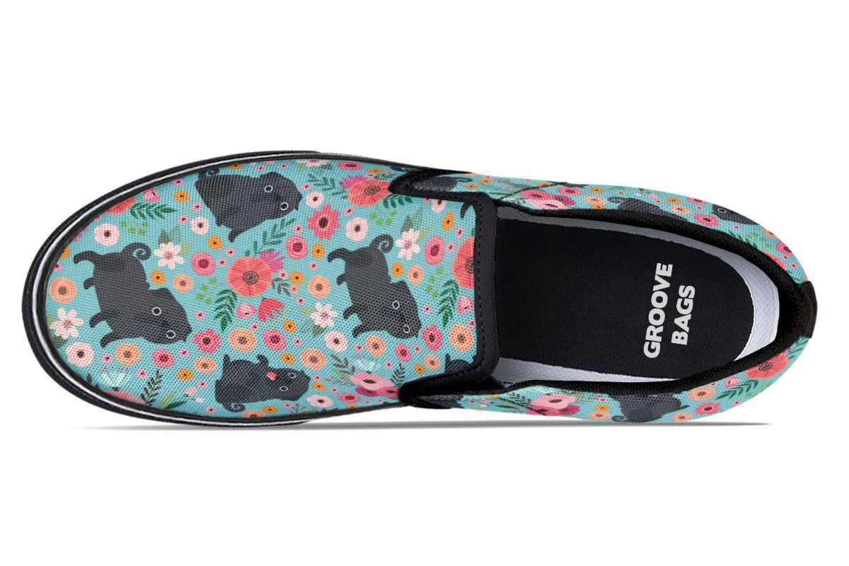 Black Pug Flower Slip-On Shoes