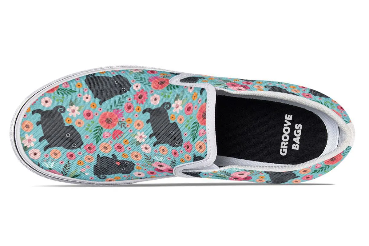 Black Pug Flower Slip-On Shoes