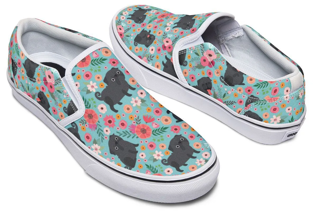 Black Pug Flower Slip-On Shoes