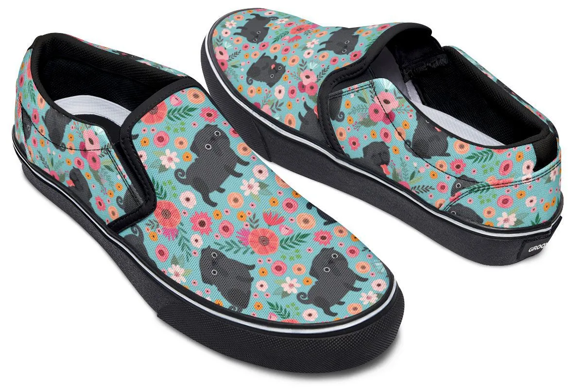 Black Pug Flower Slip-On Shoes