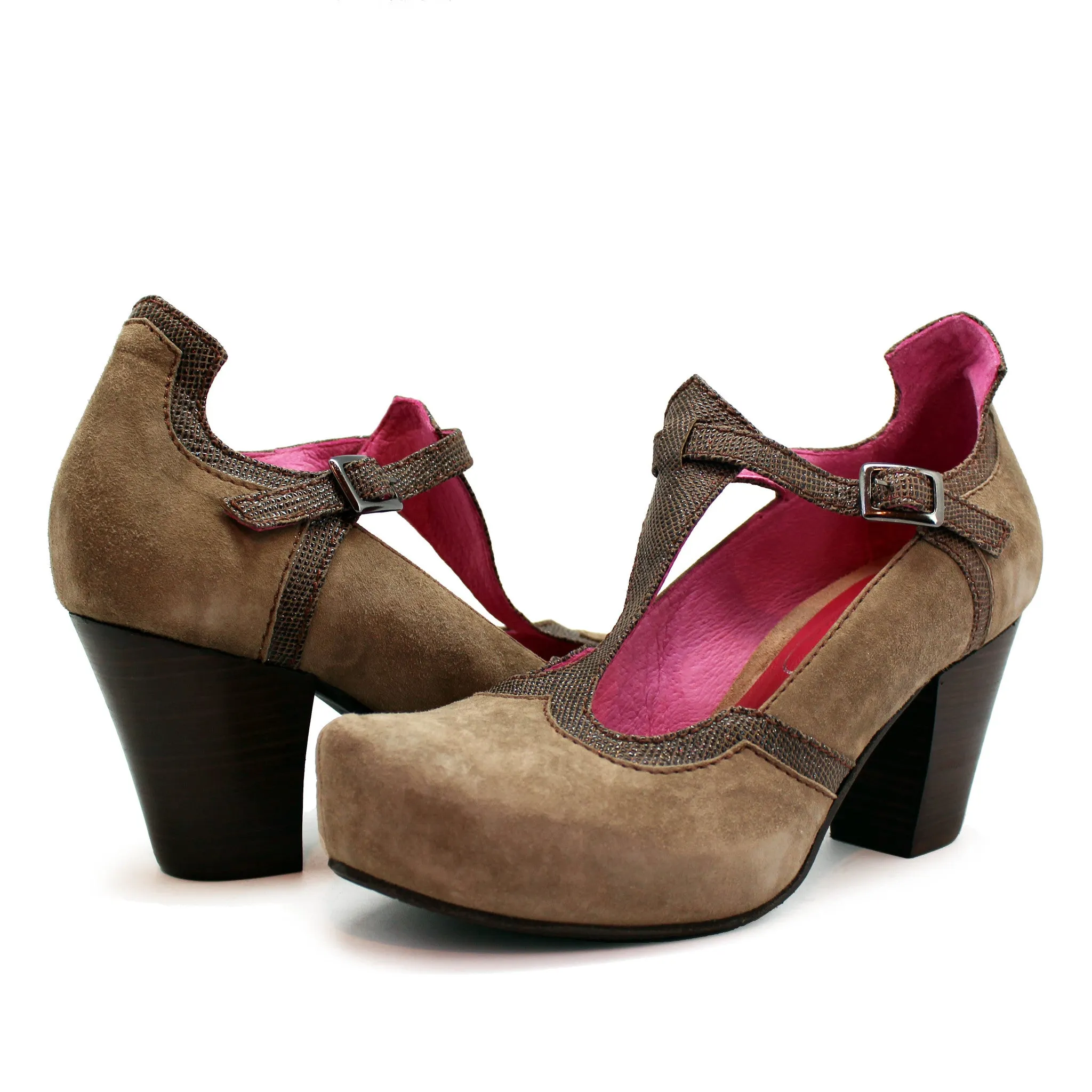 Cerise-taupe t strap cork shoe