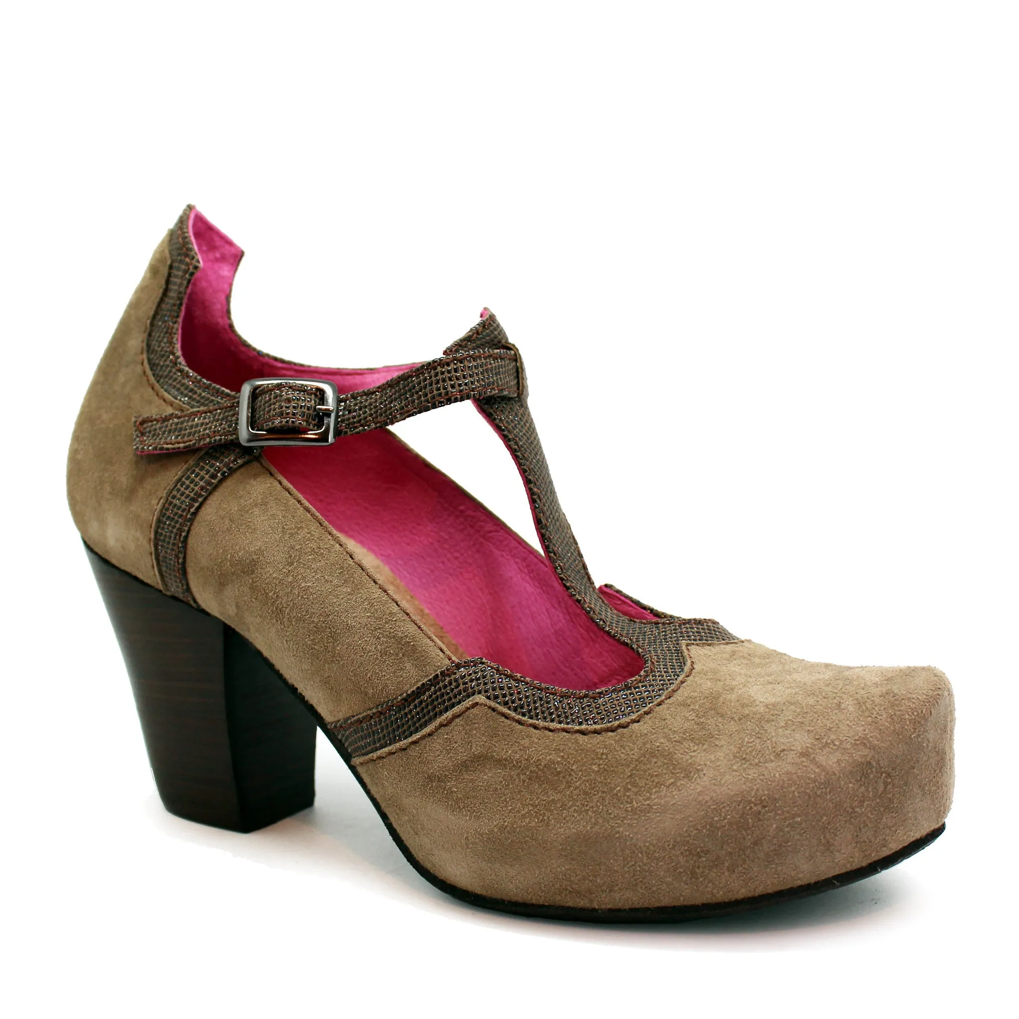 Cerise-taupe t strap cork shoe