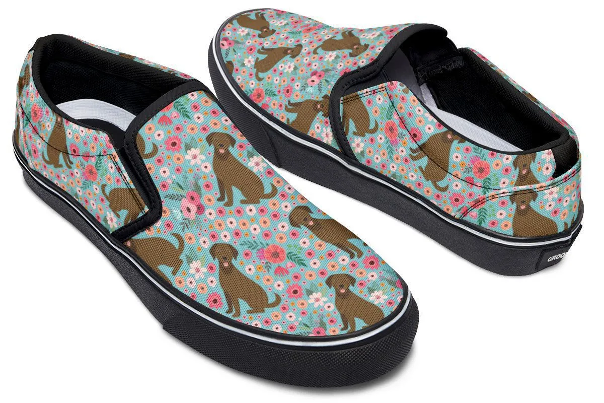 Chocolate Labrador Flower Slip-On Shoes