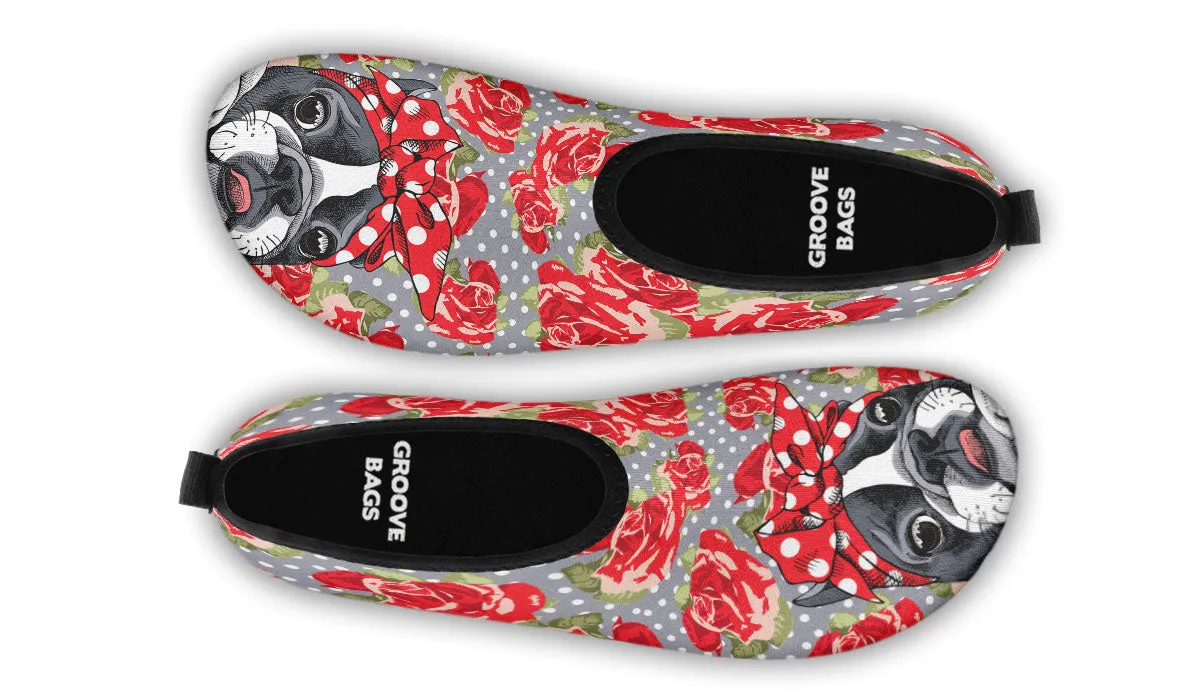 Floral Boston Terrier Aqua Barefoot Shoes