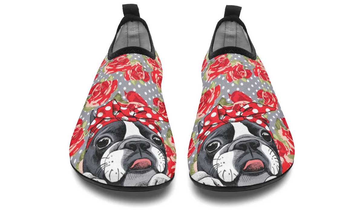 Floral Boston Terrier Aqua Barefoot Shoes