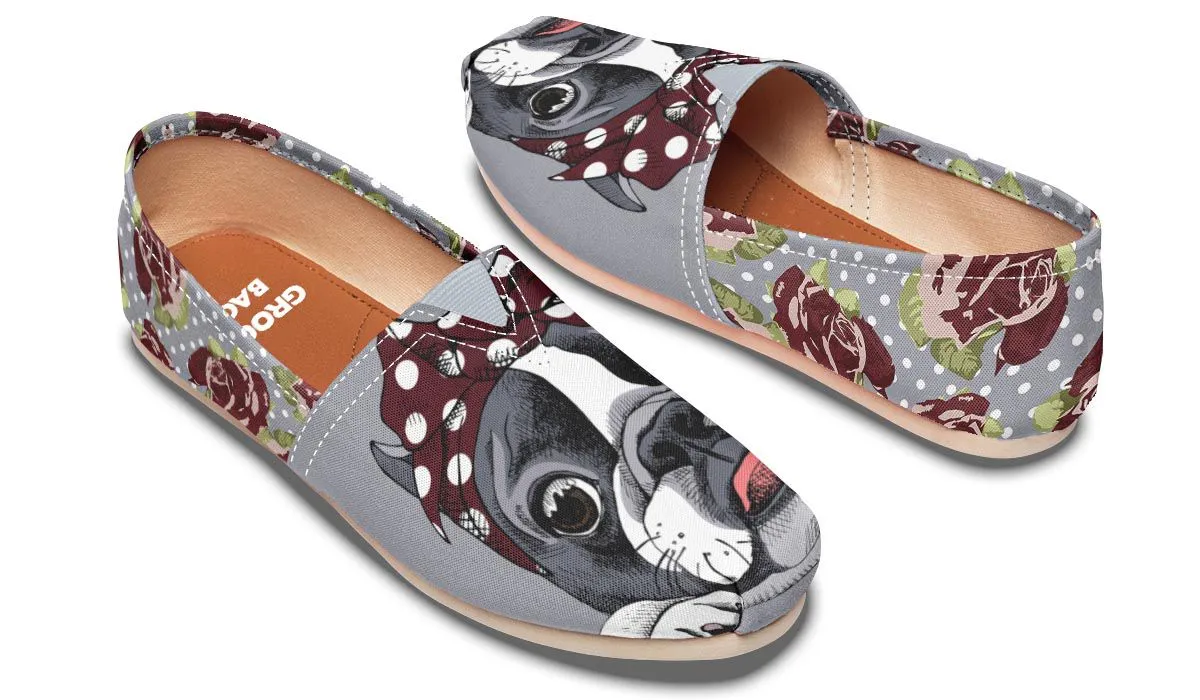 Floral Boston Terrier Dark Red Casual Shoes