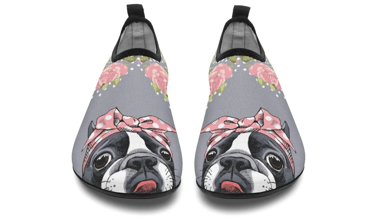 Floral Boston Terrier Pink Aqua Barefoot Shoes