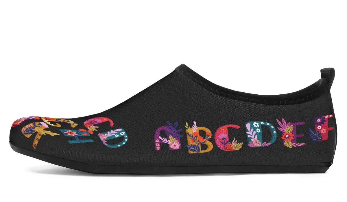 Folk Floral Alphabet Aqua Barefoot Shoes