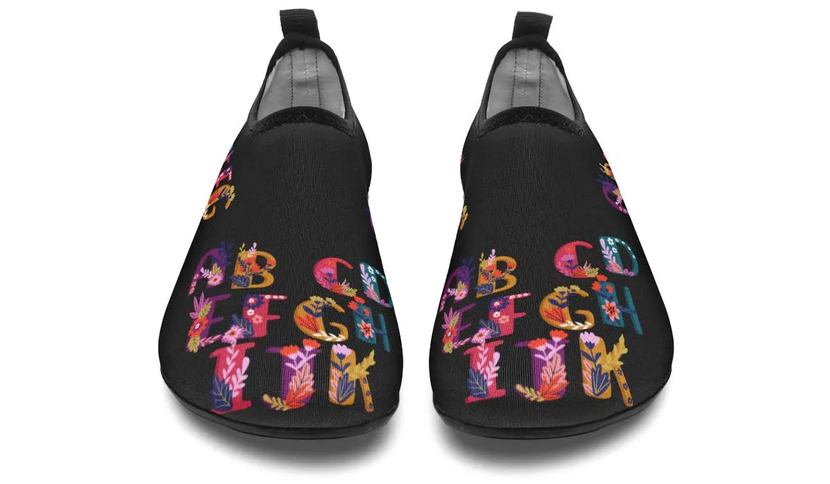 Folk Floral Alphabet Aqua Barefoot Shoes