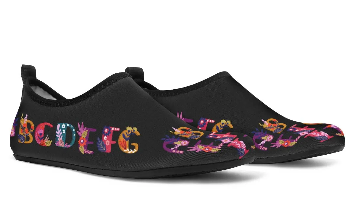 Folk Floral Alphabet Aqua Barefoot Shoes