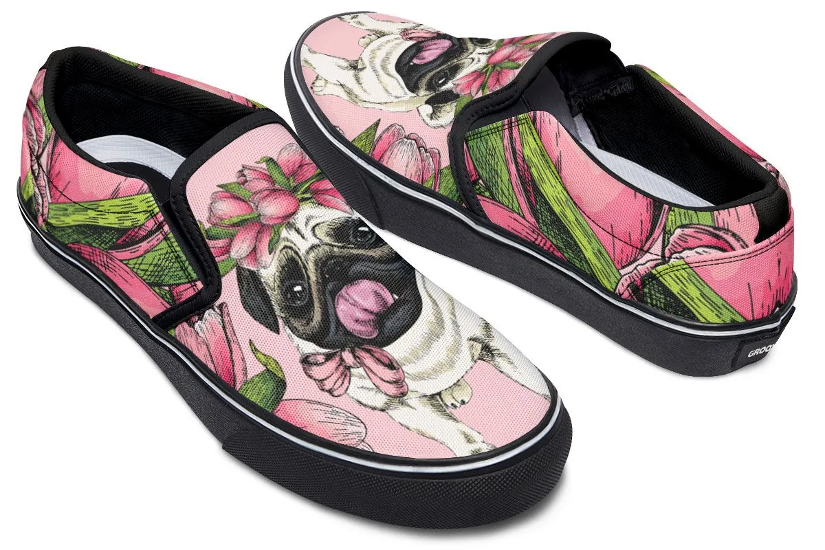 Goofy Floral Pug Slip-On Shoes