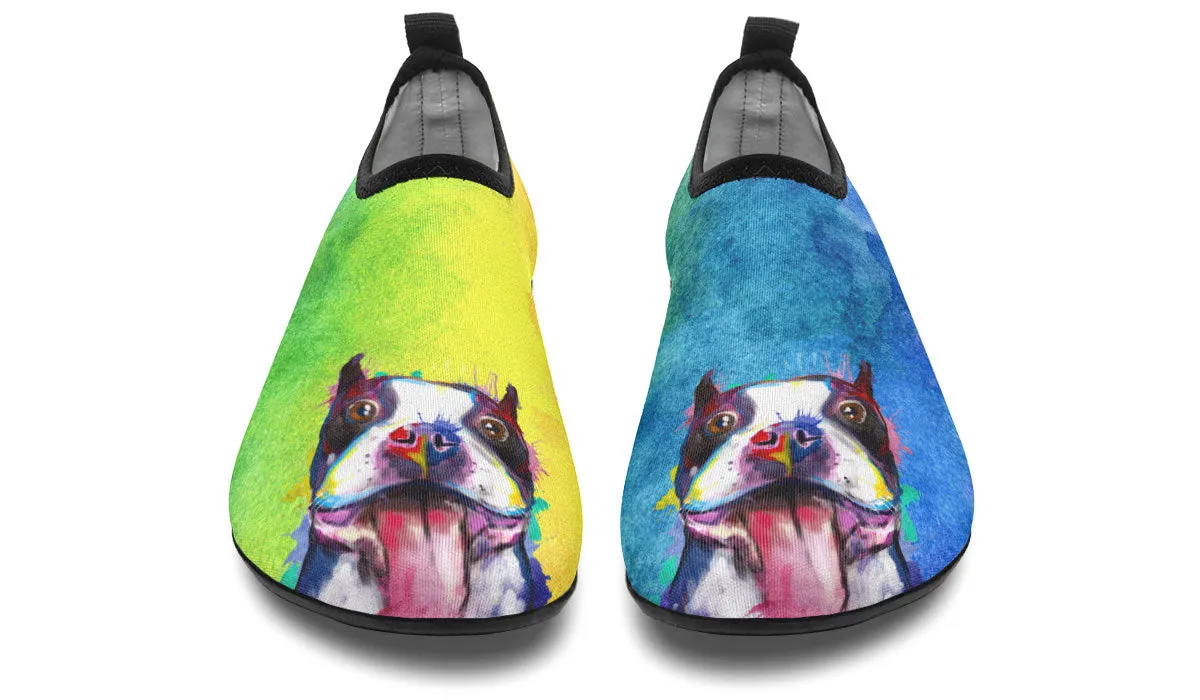 Rainbow Boston Terrier Aqua Barefoot Shoes
