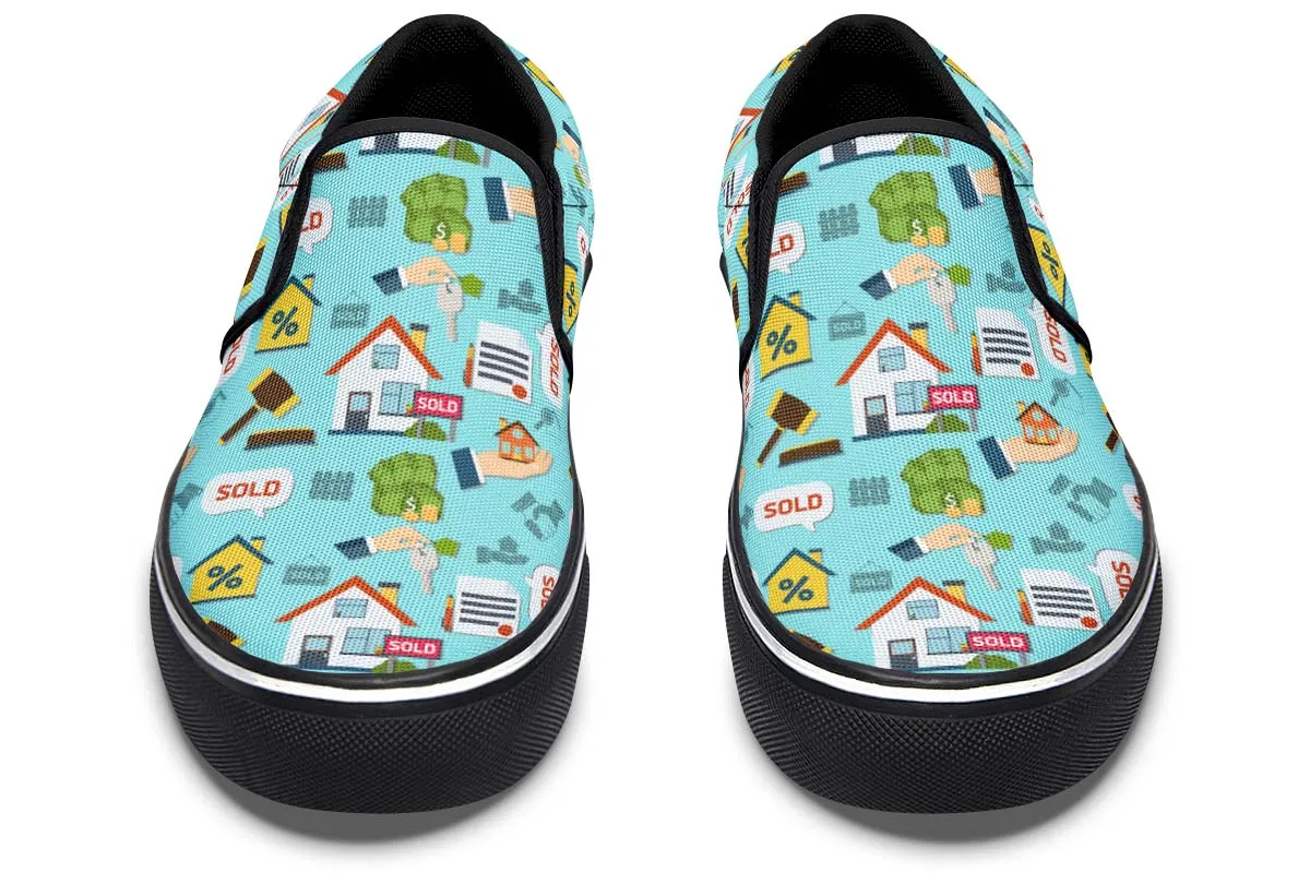 Real Estate Pattern Turquoise Slip-On Shoes