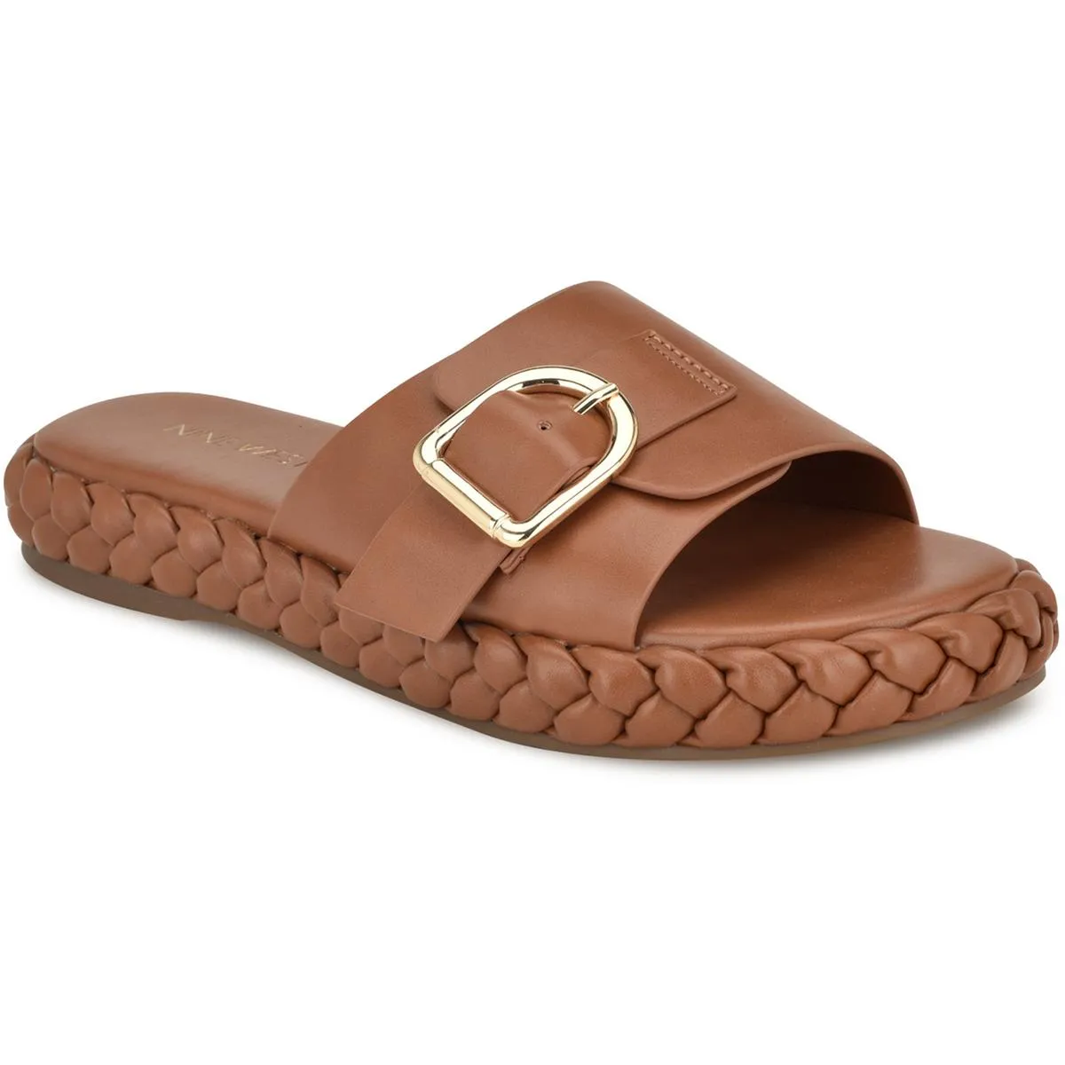 SHANTEL3 Womens Buckle Faux Leather Slide Sandals