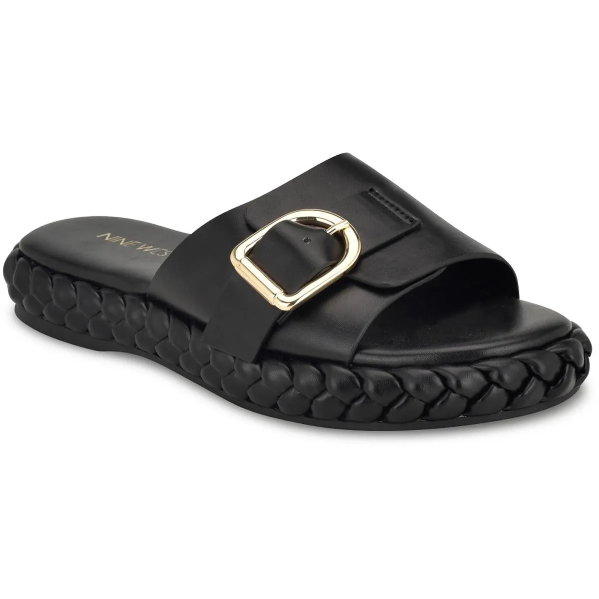 SHANTEL3 Womens Buckle Faux Leather Slide Sandals